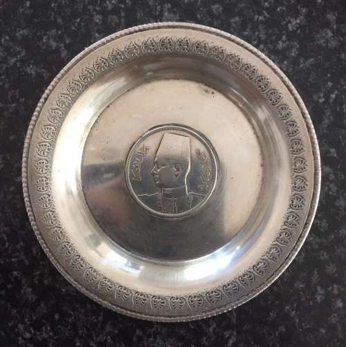 Silver Coaster - King Farouk Coin (Egypt) 1939, set in solid silver surround - 52g