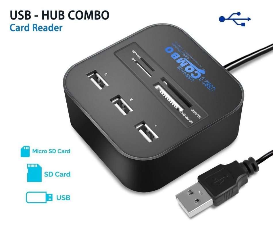 All In One Premium Combo Multi-In-1 Card Reader 3 Ports USB Hub Mini Port Adapte