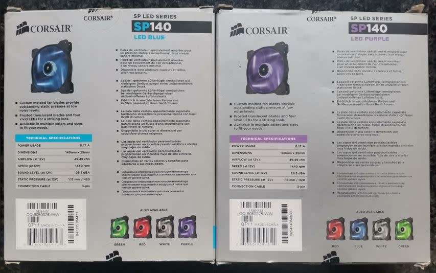 2x Corsair Chassis LED Fans - Purple and Blue - 140mm x 25mm - NEW - Bid for both