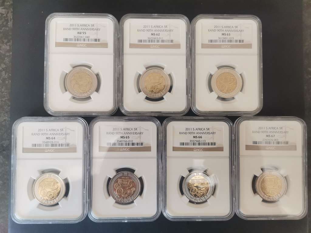 NGC Graded - 2011 South Africa R5 90TH Anniversary - Set of 7 coins - Bid per set