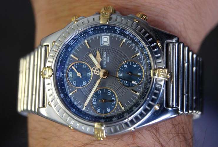 ORIGINAL BREITLING CHRONOGAPH, 100M , SILVER,BLUE/GREY DIAL ( BOX INCLUDED)