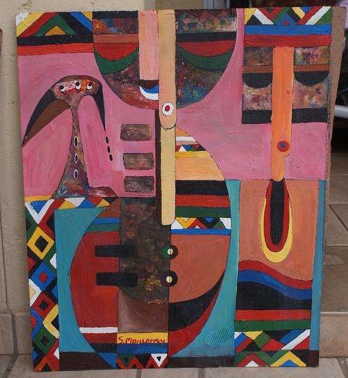 SPEELMAN   MAHLANGU   OIL   ON BOARD  "KALAHARI DAYS"      No reserves