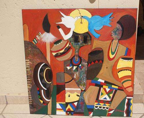 SPEELMAN   MAHLANGU   OIL   CANVAS LARGE  "PEACE IN OUR FAMILY"    No reserves