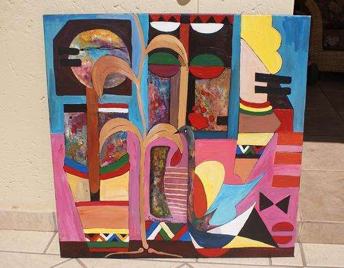 SPEELMAN   MAHLANGU   OIL ON  CANVAS LARGE  "ROOTS OF OUR FATHERS"    No reserves