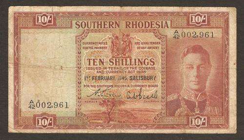 Southern Rhodesia 10 Shillings 01/02/1945 P.9b VG condition