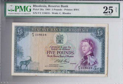 Reserve Bank of Rhodesia  5 Pounds 1964 Pick # 26a PMG Graded VF25