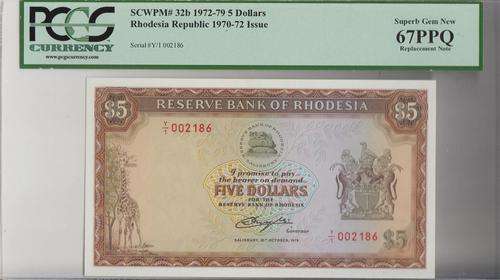 Reserve Bank of Rhodesia  5 Dollars 1978 REPLACEMENT NOTE Pick # 32b PCGS  67PPQ SUPEB GEM NEW