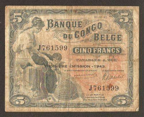 Belgian Congo 5 Francs 1943 P.13Aa VG condition - Troisieme emission
