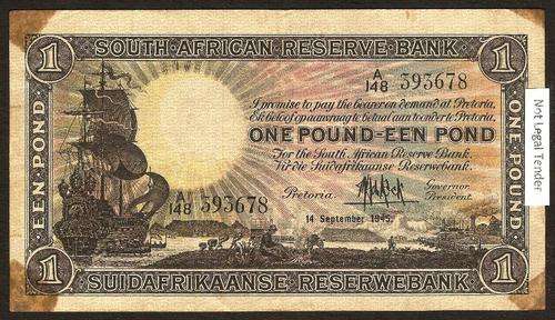 SA 1 Pound (M de Kock 1st issue)1945, in VF condition with glue stains