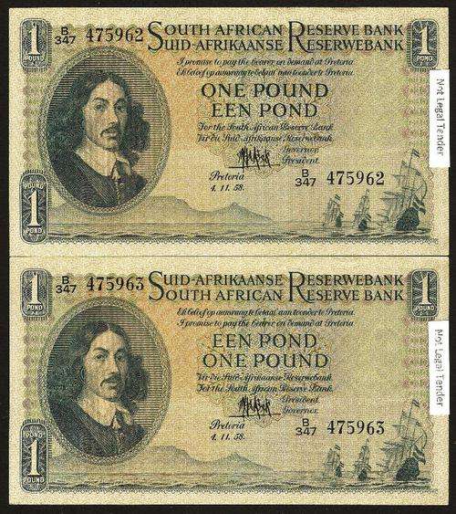 SA 1 Pound (M de Kock 3rd issue)1958, Two consecutive notes with different language predominances