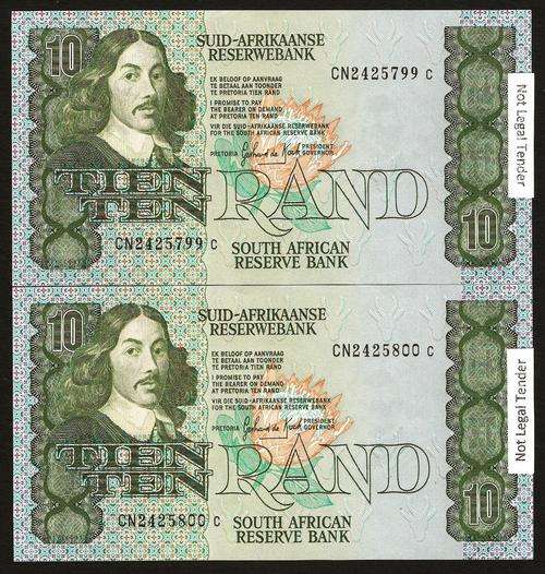 SA 10 Rand (G de Kock 3rd issue)1985, in EF+/aUNC condition - Pair in numerical order