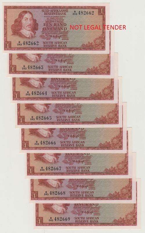 SA 1 Rand (TW de Jongh 2nd issue)1973, A/E in UNC condition - 8 notes in sequence