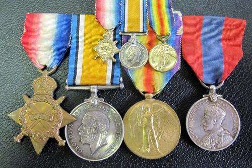 WWI group of 4 medals, Full & Miniature, awarded to SPR JB Reed R.E. with rank change to CPL