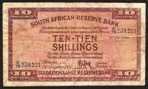 SA 10 Shillings (Postmus 1st Issue)1945 in G/G+ condition