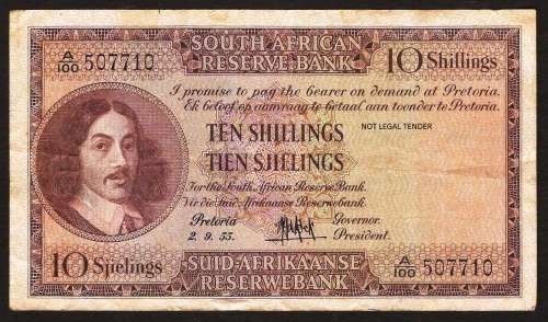 SA 10 Shillings (MH de Kock 3rd Issue)1955 in F+ condition