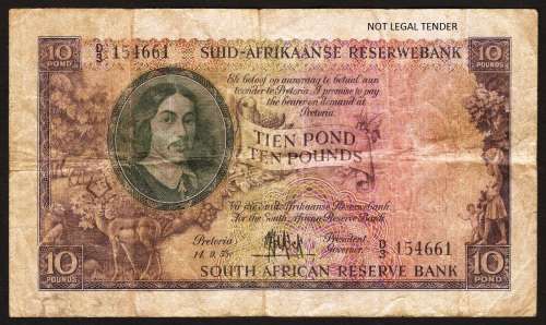 SA 10 Pounds (MH de Kock 3rd Issue)1955 VG condition - Afrikaans Predominance