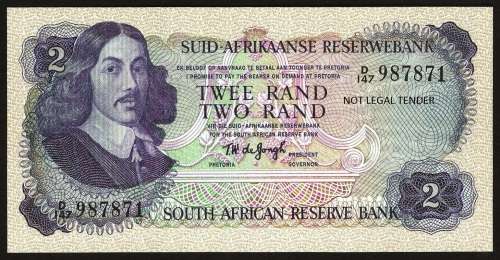 SA 2 Rand (TW de Jongh 3rd issue)1976, A/E in UNC condition - Van Riebeeck watermark