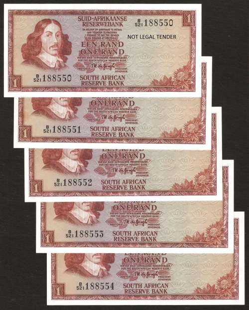 SA 1 Rand (TW de Jongh 3rd issue)1975, A/E in UNC condition - five notes in numerical order