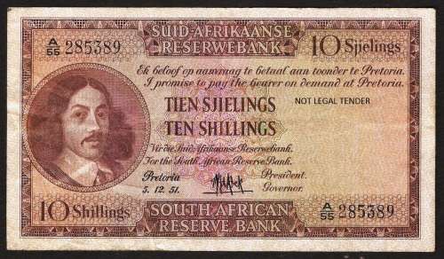 SA 10 Shillings (MH de Kock 3rd issue)1951, A/E in F+ condition