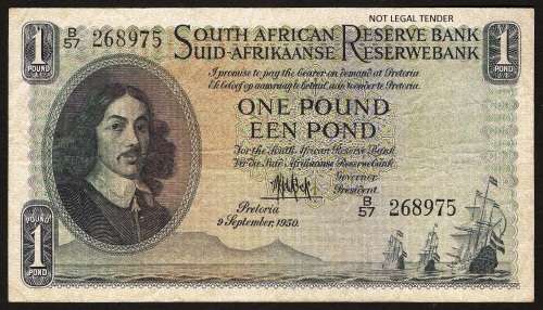 SA 1 Pound (MH de Kock 2nd issue)1950, E/A in F+ condition