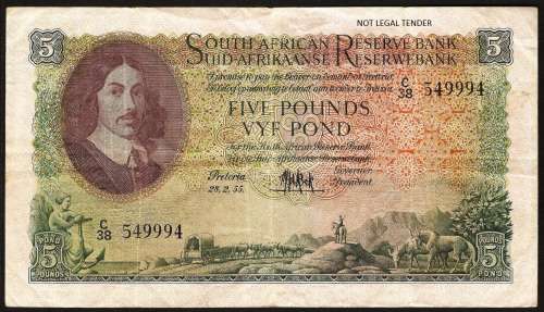 SA 5 Pounds (MH de Kock 3rd issue)1955, E/A in F+ condition