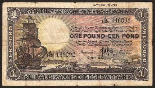 SA 1 Pound (MH de Kock 1st issue)1947 in VG+ condition