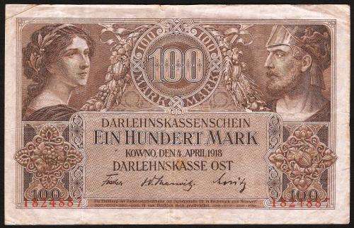 WWI Germany - Occupied Lithuania 100 Mark 1918 P-R133 F/F+ condition
