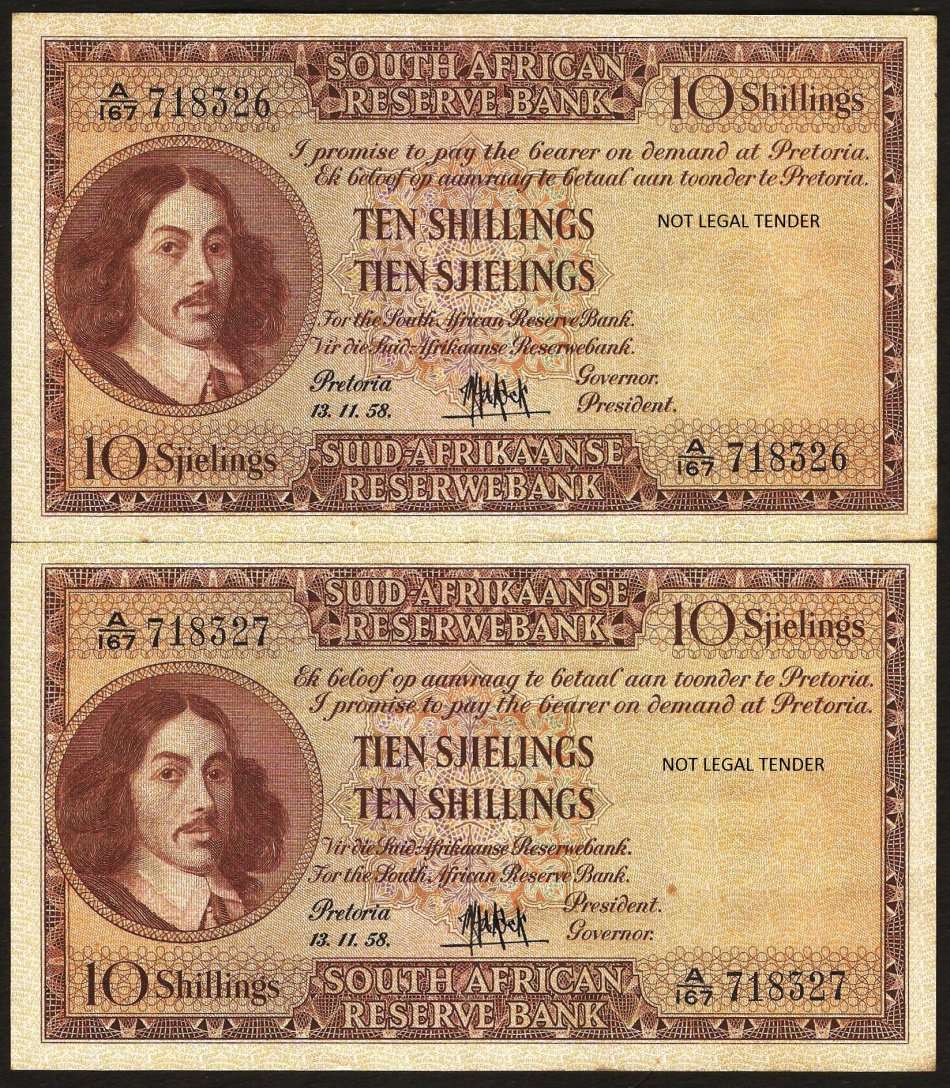 SA 10 Shillings (MH de Kock 3rd issue)1958 - Two notes in numerical order
