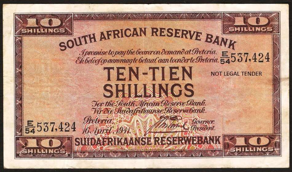 SA 10 Shillings (Postmus 1st issue)1941 in VG+/F condition