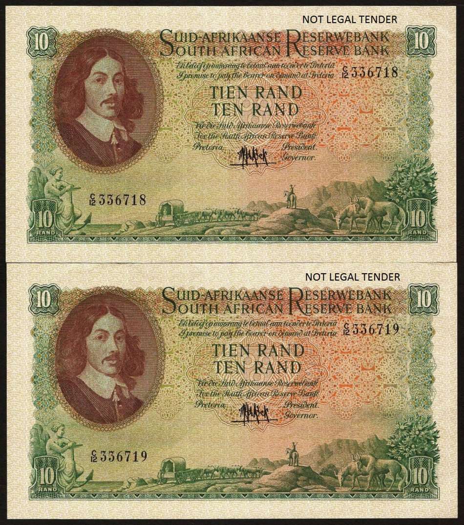 SA 10 Rand 1961 in EF+ condition, 2 notes in numerical order - *CRAZY R1 START*