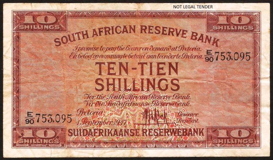 SA 10 Shillings (M de Kock 1st issue)1947 VG+ condition