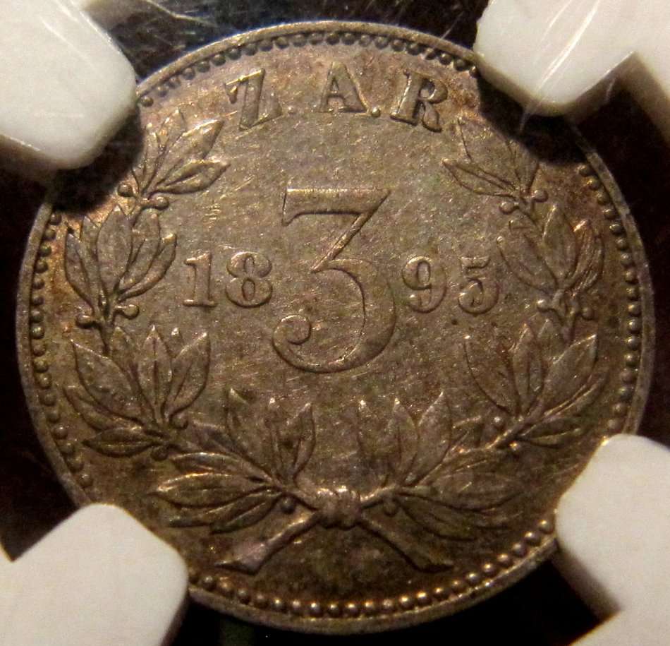 1895 ZAR 3 Pence  NGC Graded AU50-Lovely collectible key date for the type