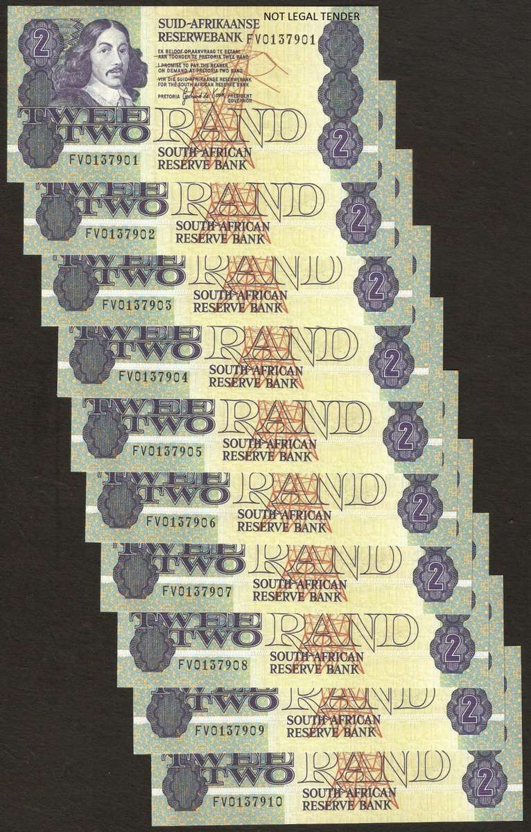 SA 2 Rand late 1980's - 10 notes all UNC in sequence