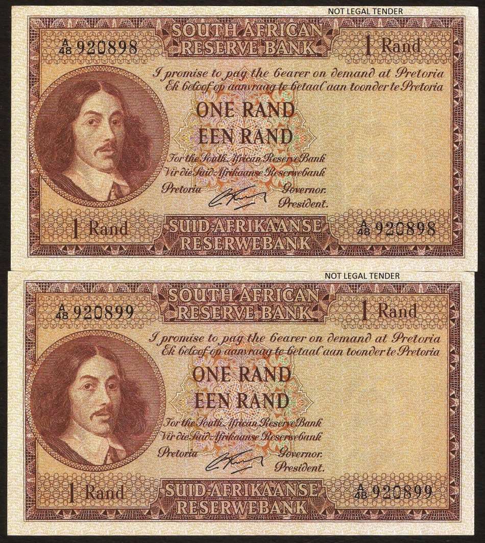 SA 1 Rand 1962 - Pair of notes in numerical order - EF+ to aUNC condition