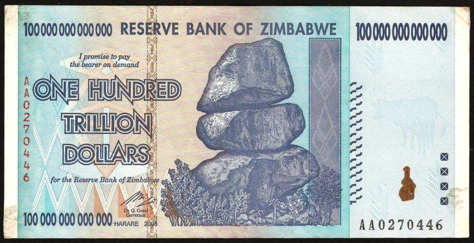 Zimbabwe 100 Trillion Dollars 2008 - Zim's largest ever denomination bank note
