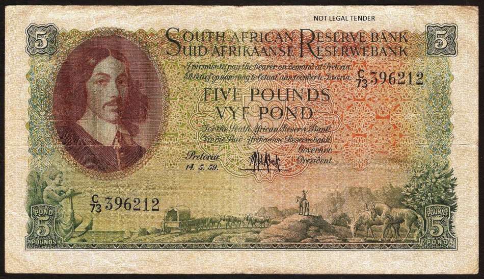 SA 5 Pounds 1959 (M de Kock 3rd Issue) E/A, F condition - Bright Colours