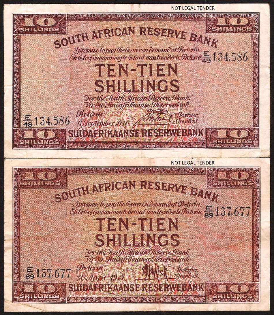 SA 10 Shillings 1940 & 1947 (Postmus/M de Kock) Both with bright colours and clean surfaces