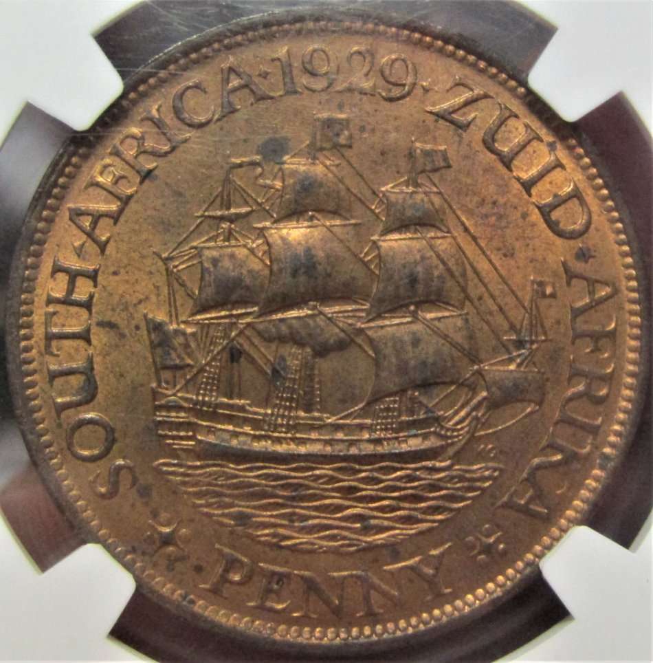 1929 Union of South Africa Penny NGC Graded MS63 RB -Extremely scarce