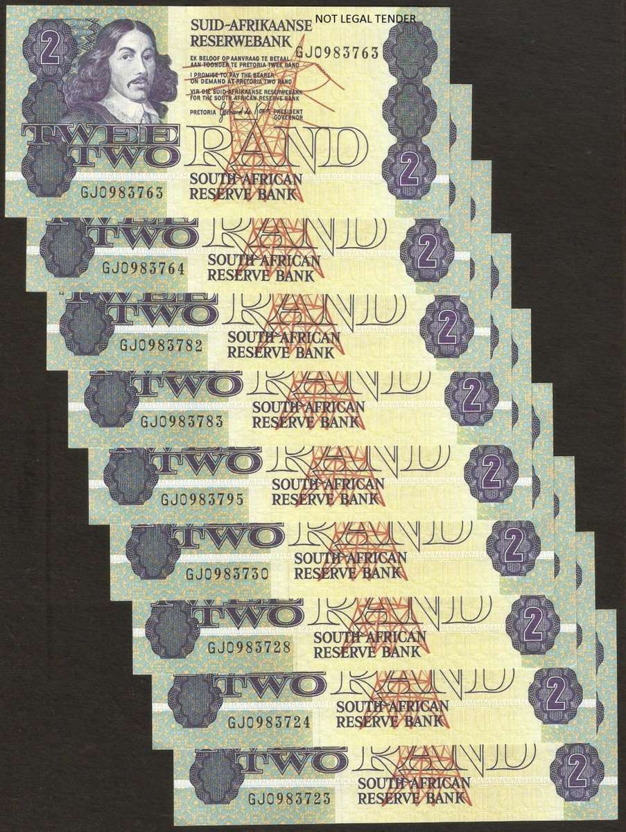 SA 2 Rand (G de Kock 3rd Issue) late 1980's aUNC/UNC condition - 9 notes