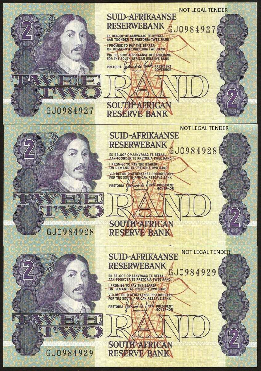SA 2 Rand (G de Kock 3rd Issue) late 1980's EF+ to UNC condition - 3 notes in sequence