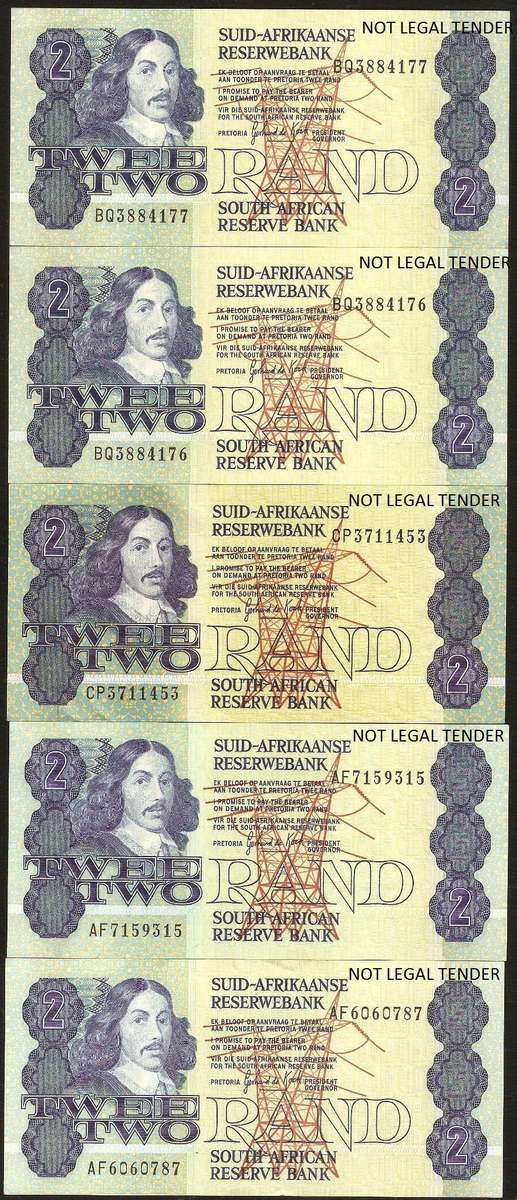 SA 2 Rand (G de Kock 3rd Issue) late 1980's EF+ to UNC condition - 5 notes
