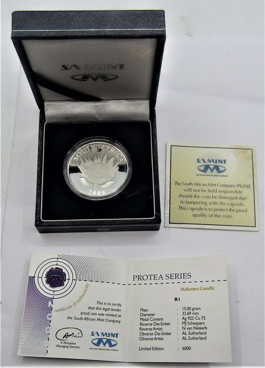 2008  Ghandi Silver Proof R1 in original SA MUNT BOX with COA