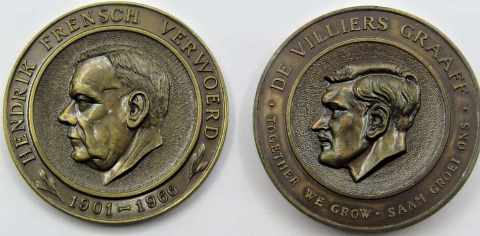 2x South Africa bronze medallions-SMUTS-DE VILLIERS GRAAF-VERWOERD-STRIJDOM