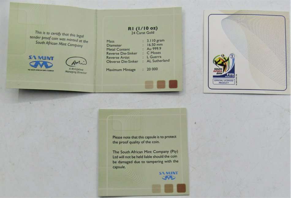 FIFA 2010 1/10 Ounce 999.9 FINE GOLD R1  with Original box and COA