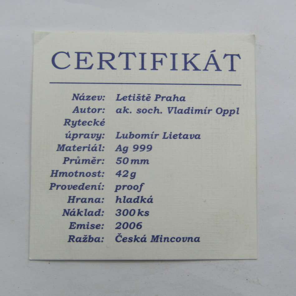 Large Silver Proof 999 Medallion 42 grams +Box+COA  "Prague Airport" ONLY 300  MINTED!!!