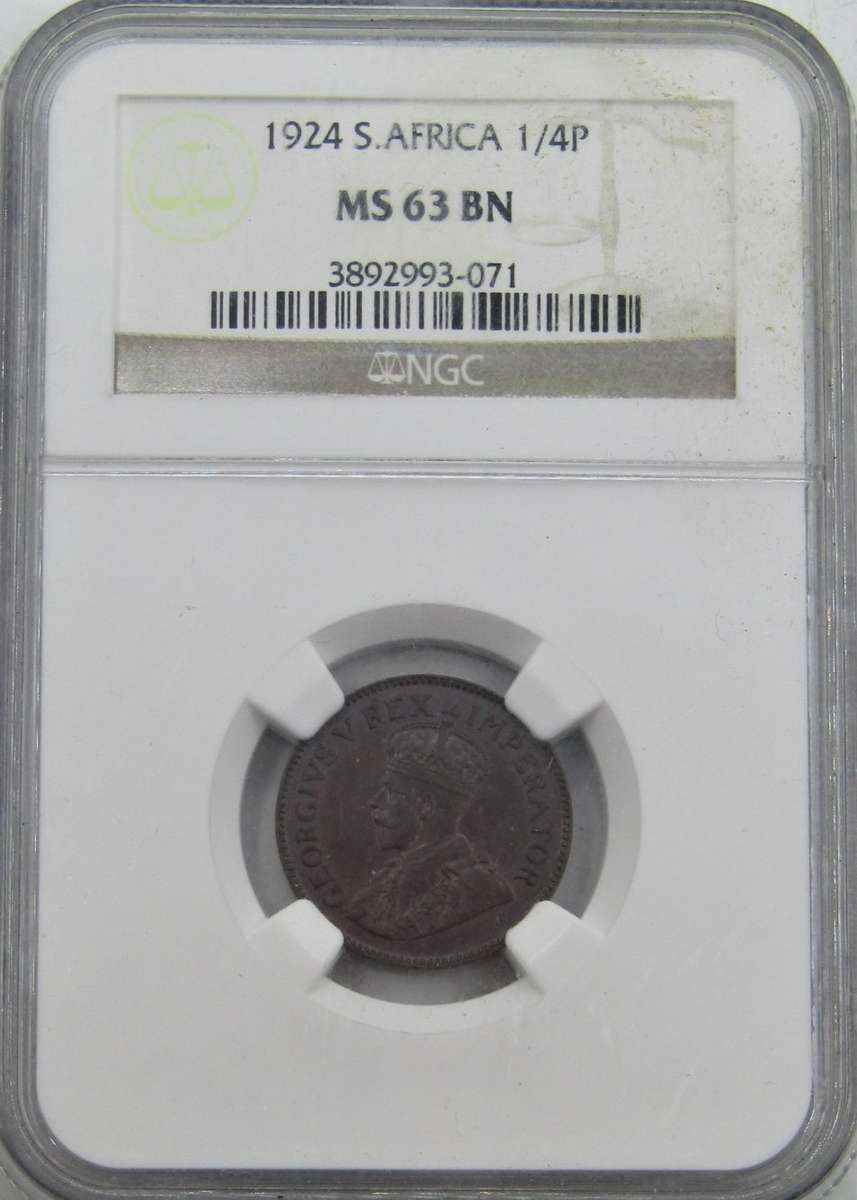 1924 Union of South Africa 1/4 Penny (Farthing) NGC Graded MS63 BN