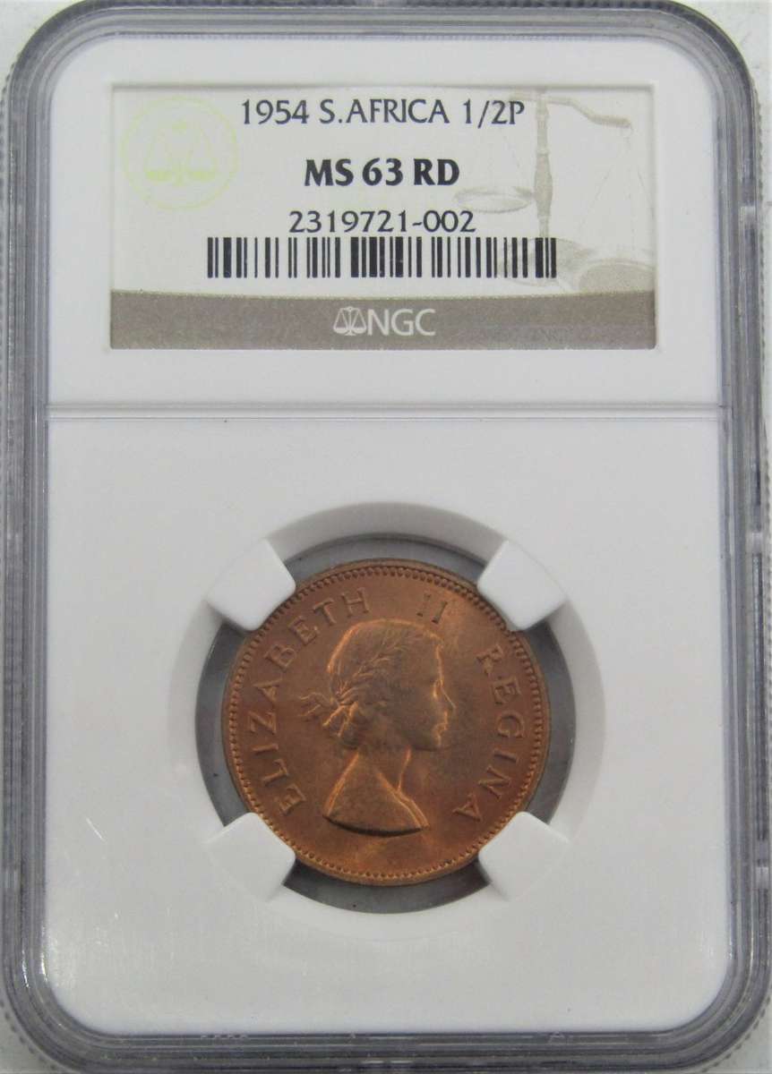 1954 Union of South Africa 1/2 Penny  NGC Graded MS63 RD