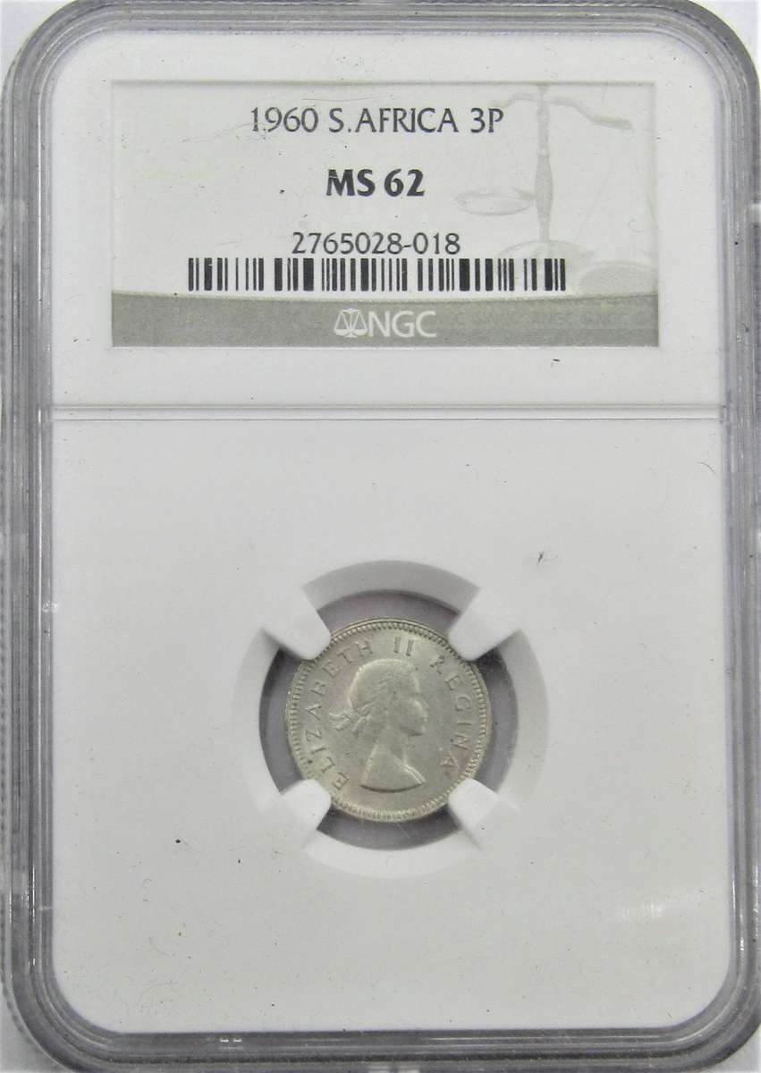 1960 Union of South Africa 3 Pence NGC Graded MS62 (mintage 18000)