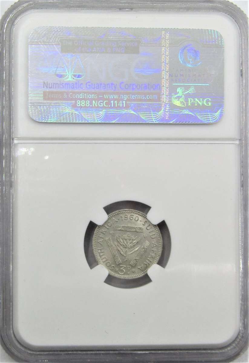 1960 Union of South Africa 3 Pence NGC Graded MS62 (mintage 18000)