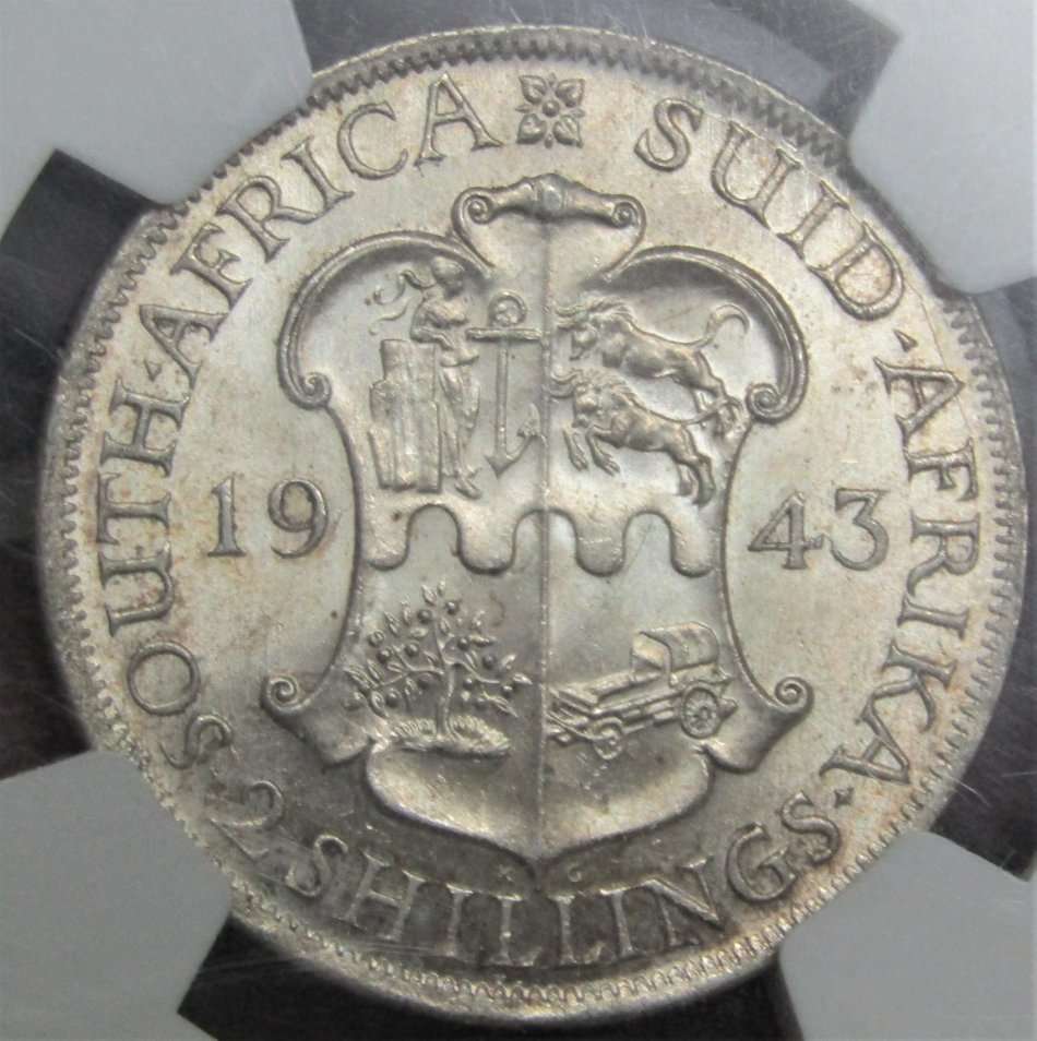 1943 Union of South Africa 2  Shillings NGC Graded AU58